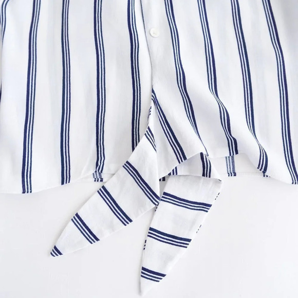 Aritzia Wilfred Free Navy & White Stripe Cropped Tie Blouse Sailor Shirt XXS - Picture 6 of 12